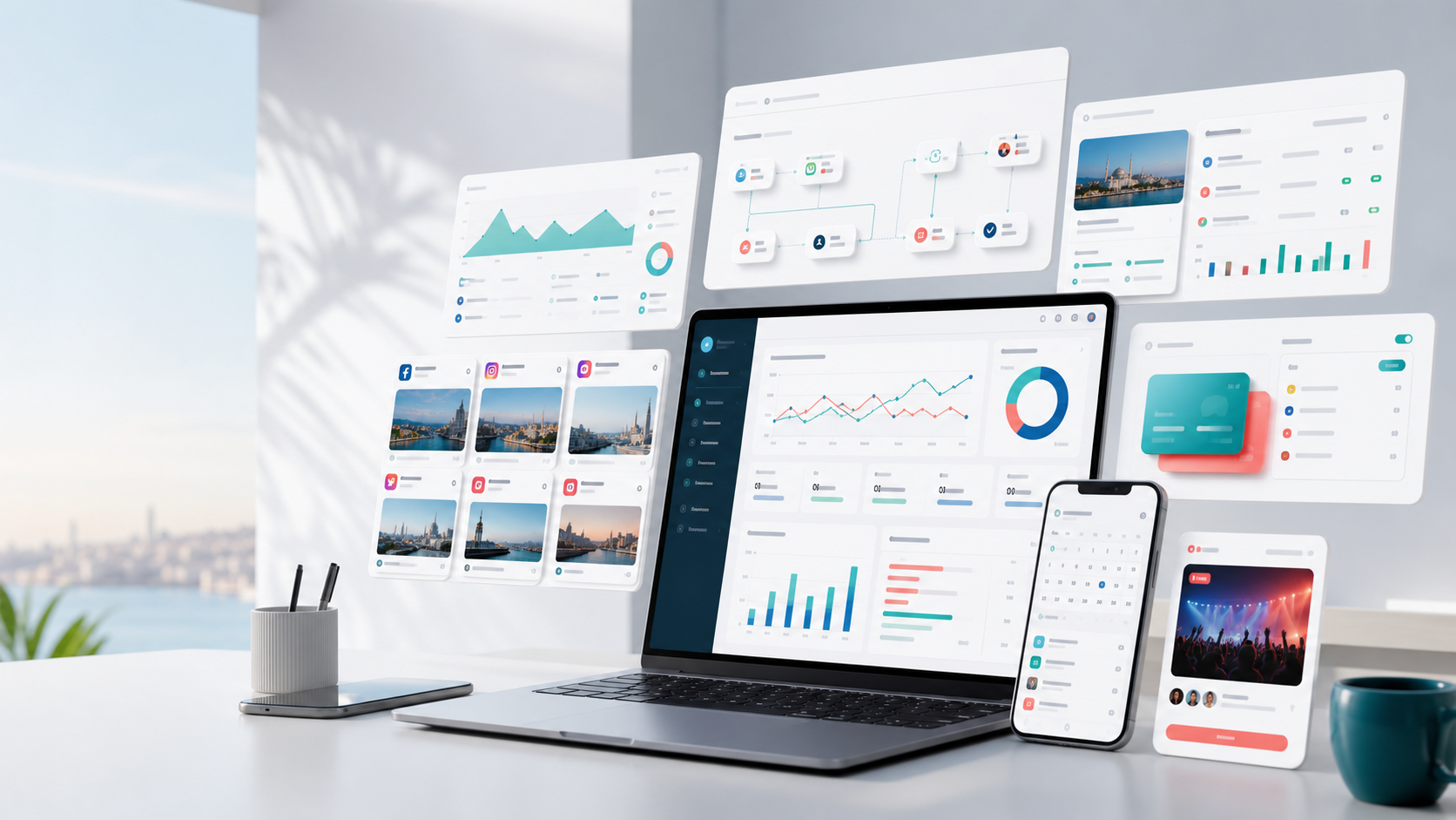 Software dashboards showing analytics, campaign workflows, payment cards, bookings, and live commerce interfaces.
